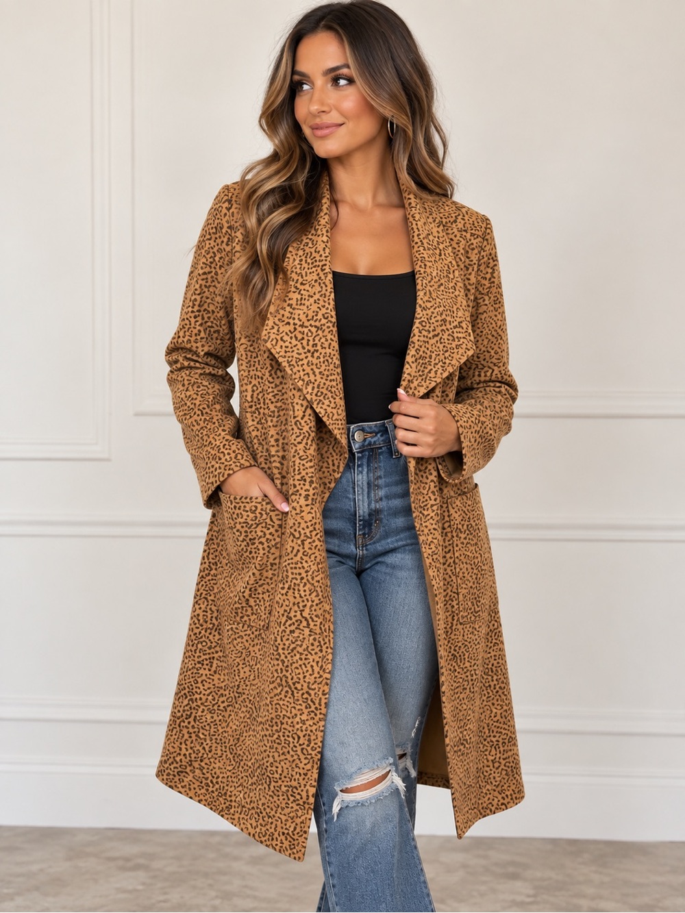 Womens Tan/Brown Leopard-Print Open Front Duster Jacket